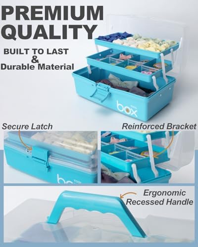 TERGOO 12in 3-Layer Plastic Craft Organizers and Storage, Portable Folding Tackle Box with Handle & Adjustable Dividers, Multipurpose Case for Sewing, Art Supplies, Medicine, Tools (Blue) - Image 3