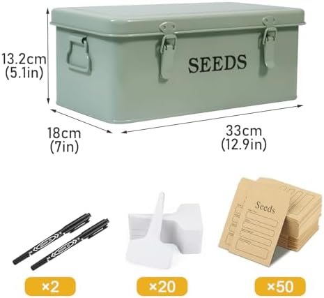 Seed Storage Organizer, 4 Compartment Seed Storage Box with Safety Lock, Metal Seed Box Container with 2 Pens, 20 Plant Labels and 50 Seed Envelopes for Seed Packet & Small Garden Tool, Green - Image 7