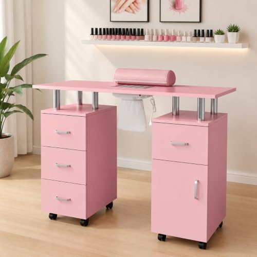 Mobile Manicure Table on Wheels, Portable Nail Desk with Storage，Pink by Unknown