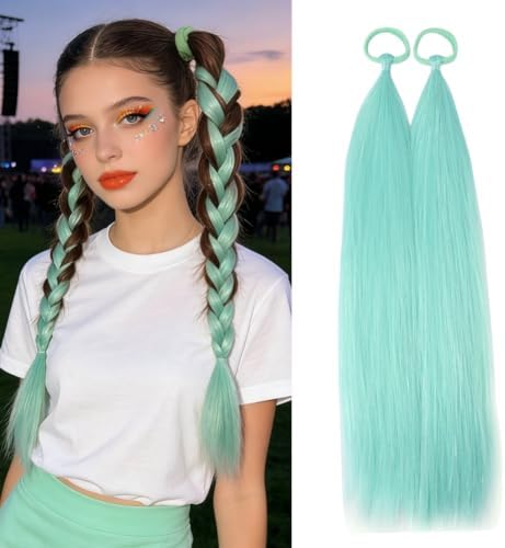 Mint Green Ponytail Extension for Girls and Women Synthetic Hair Pieces With Tinsel 20 inch Rave Crazy Days Hair Kids Accessories 2pcs/lot Christmas Halloween Festival Party Daily Using by Szphoxer