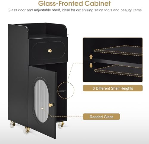 BarberPub Salon Trolley Cart, Oval Glass Door Gold Hardware Black 2498 - Image 5