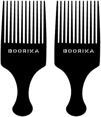 Boorika Afro Hair Pick Comb for Women & Men, 7.5 In Smooth Sturdy Wide Tooth for Detangling & Styling - Pack of 2 by Boorika