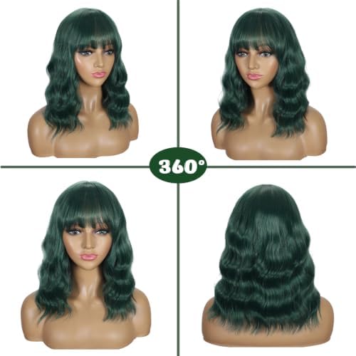 Sebast Pastel Bob Wigs with Bangs for Women Loose Wavy Wig Pastel Wavy Shoulder Length Bob Synthetic Cosplay Wig for Girl Colorful Costume Wigs (Dark green) - Image 4