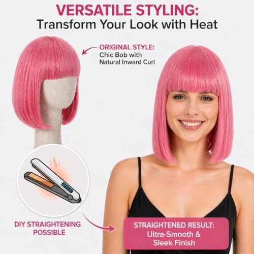 Short Pink Bob Wig with Bangs for Women - Image 7