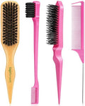 Boar Bristle Slick Back Hair Brush for Smooth Flyaways, Frizz, Sleek Ponytail, Buns and Edge Baby Hair, Teasing | Hair Comb, Edge Brush, Teasing Brush Rat Tail Comb for Girls, Kids, Women & Men by Goiple