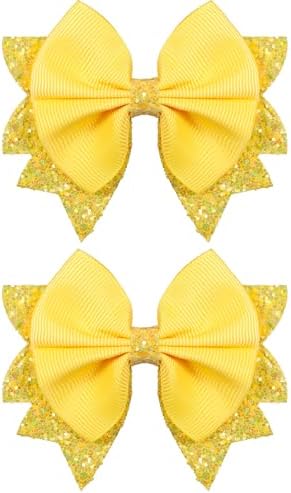 3.5 Inch Boutique Yellow Grosgrain Ribbon Hair Bows Alligator Clips Sparkling Sequins Cheer Hair Pins Barrettes for Girls Toddlers Babies Teens Summer Holiday Accessories in Pairs by KCHIES-AccessoryCollection