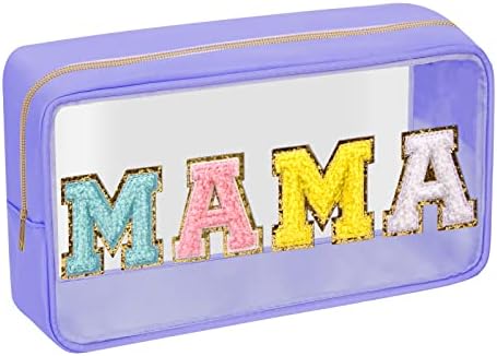 Iqimott Clear Patch Makeup Bag Mama Pouch, Preppy Personalized Chenille Letter Cosmetic Pouch for Travel, Nylon Waterproof Travel Essentials Zipper Toiletry Bags for Women Girls(MAMA, Purple) by Iqimott