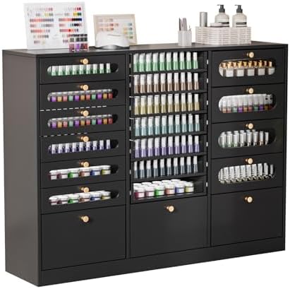 OmySalon Nail Polish Organizer Cabinet with Drawers, 47.2" L Large Nail Salon Storage for Polish & Powder, 7 Clear & 10 Visual Drawers, Wooden Beauty Salon Furniture (Black) by OmySalon