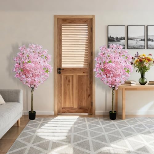 2 Pack Artificial Cherry Blossom Tree,4FT Faux Cherry Blossom Plant in Pot with Pink Flowers,Artificial Silk Plants for Indoor Outdoor Decor,Front,Living Room,Office,Patio - Image 5