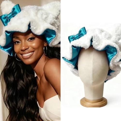 Satin Lined Sleep Bonnet for Women, Teddy Plush Hair Bonnet, Silk Wrap for Curly & Braided Hair, Anti-Frizz Night Cap by Etcial