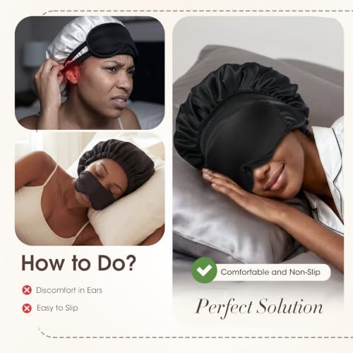 LC-dolida Satin Silk Bonnet for Sleeping Women Men, 2-in-1 Bonnet with Eye Mask Adjustable Hair Bonnet for Curly & Natural with Sleep Mask, Reduce Frizz, Lock in Moisture, Prevent Breakage and Tangles - Image 3