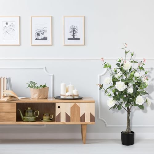 Romantic season 2Pack Artificial Rose Flower Trees, 42Inch White Faux Rose Tree with Green Leaves for Living Room Office Home Outdoor Indoor Decor - Image 4