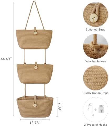 TeoKJ Over the Door Hanging Baskets with Wooden Button, 3-Tier Woven Cotton Storage Organizer Bag, Wall-Mounted with Hook Decorative Hanging Nursery Baskets, Jute - Image 2