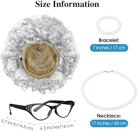 AOTHSO 6 Pieces Old Lady Wig Costume Set Grandma Wig with Cap Cane Pearl Necklace Bracelet for 100 Days of School Halloween - Image 2