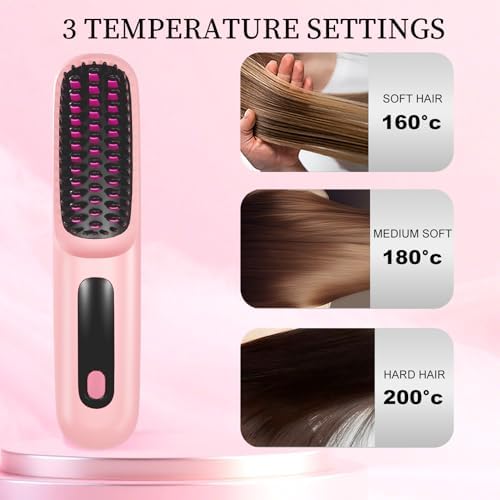 Go Brush Pro for Short Hair 2026, Portable Straightener Brushs for Travel, with LCD Temperature Display, Fast Heating Cordless Mini Hair Brushs(Pink) - Image 3