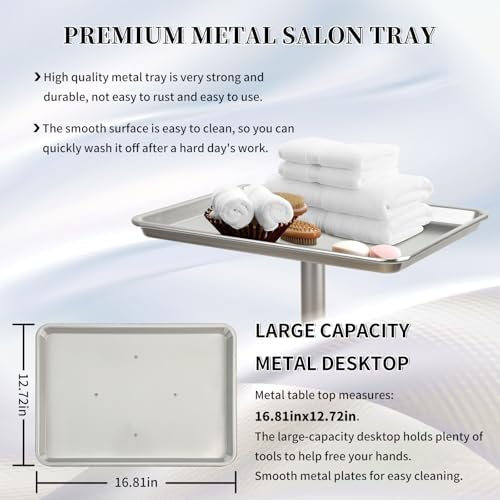 Salon Tray on Wheels, Hair Stylist Tray with Adjustable Height, Silver - Image 2