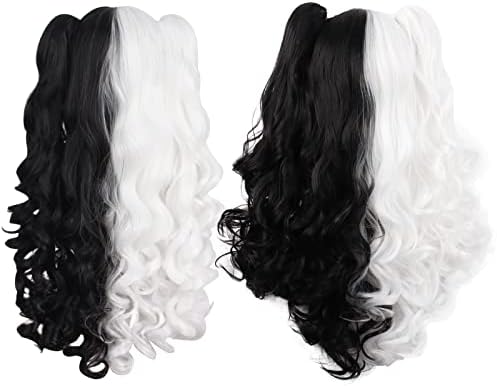MapofBeauty Lolita Long Curly Clip on Ponytails Cosplay Wig, White/Black - Image 6