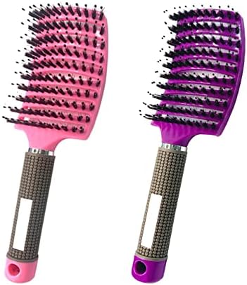 2PCS Curved Vented Hair Brush Boar Bristle Hair Brushes Paddle Detangling Brush Professional Styling Hairbrushes Detangler for Women/Men/Kids Wet Dry Thick Curly Straight Hair (Pink+Purple) by MOODKEYbrand