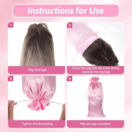 4 Pcs Satin Wig Bags with Drawstring Pink Wig Storage Bags for Wigs and Hair Extension Tools (13.5x9.8 Inch) - Image 2