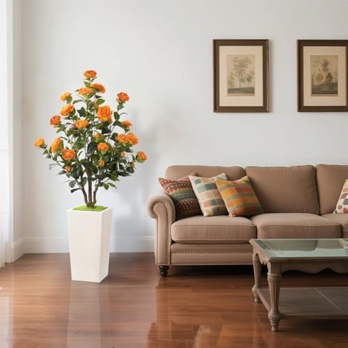 Romantic Season 4FT Artificial Camellia Tree with White Tall Planter, Orange Faux Camellia Plant Flower Tree for Modern Home Office Living Room Floor Décor Outdoor Indoor，Orange - Image 5