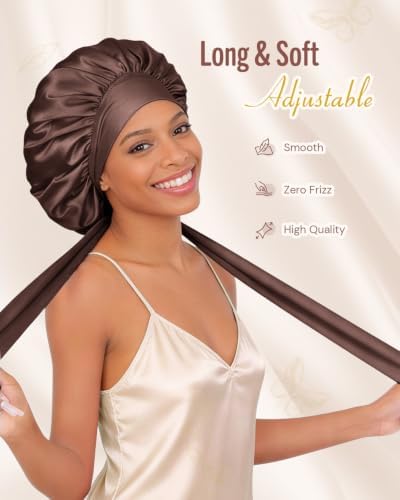 BONNET QUEEN Silk Bonnet for Sleeping Women Satin Bonnet Night Sleep Cap Wrap for Curly Hair with Adjustable Tie Band, Single Layer, Chocolate - Image 3