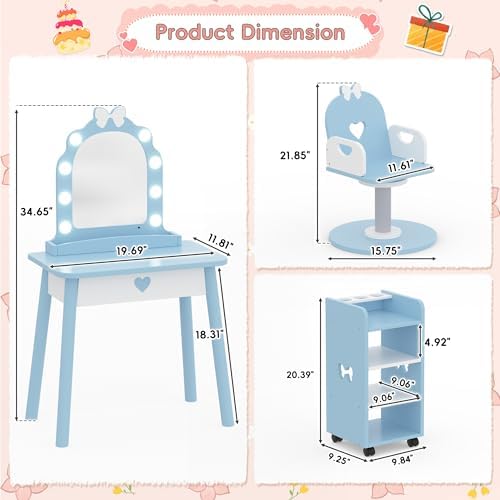 Wooden Kids Vanity Table and Chair Set with Light and Mirror, Princess Makeup Vanity Desk with Barber Chair and Rolling Cart, Pretend Hair Salon Play Set, Toddler Vanity Set for Girls, Blue - Image 3