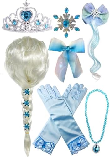 Princess Wig Braid with Tiara Necklace Gloves Princess Dress Up Costume Halloween Cosplay Accessories for Kids Girls by Yosbabe