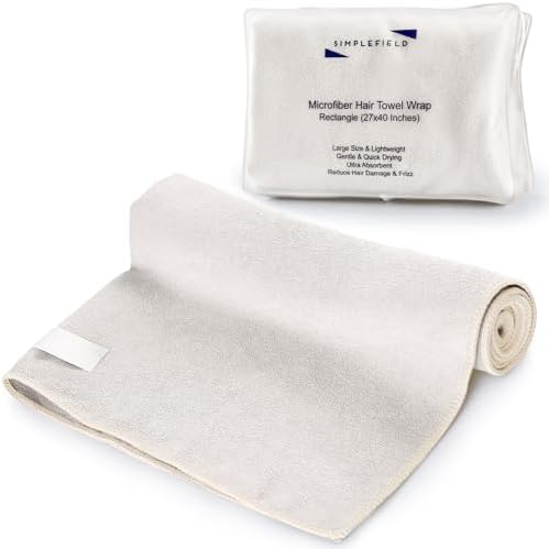 SimpleField Large Microfiber Hair Towel Wrap (27x40 Inches) for Women, Anti-Frizz Flat Rectangle Drying Towel with Full Hair Coverage Design, Elastic Band for Long, Curly and Thick Hair (Beige) by SimpleField