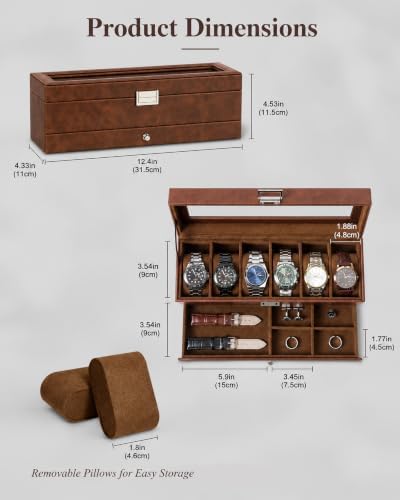 Watch Box for Men, 6 Slot Watch Case with Glass Lid Fits 48mm - Image 3