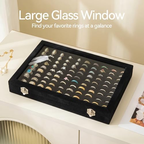 Frebeauty 100 Slots Ring Organizer Tray,Velvet Ring Box with Clear Lid - Image 4