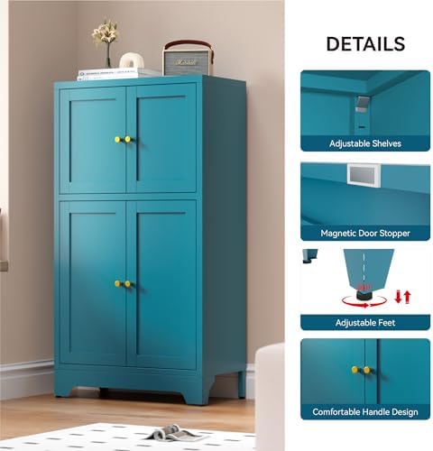 Bevivog Bathroom Floor Storage Cabinet,Metal Accent Cabinets with 4 Doors and 2 Adjustable Shelves,Blue Storage Locker Cabinets Organizer for Pantry Kitchen,Living Room,Hallway, Restroom - Image 4