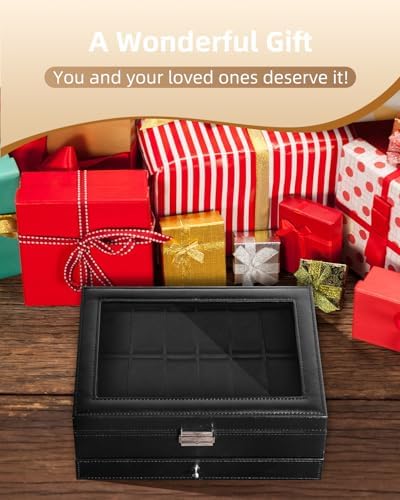 Uten 12-Slot Watch Box, 2-Layers PU Leather Watch Case with Lock - Image 7