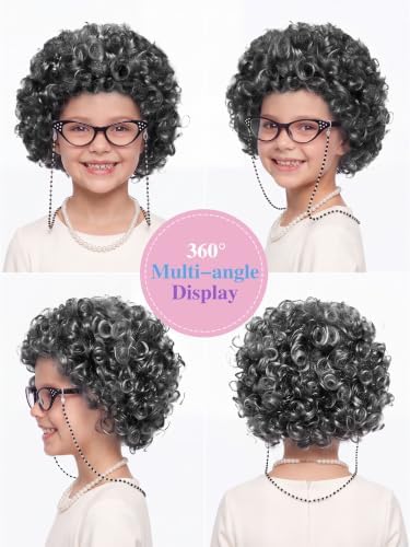 URATOT 5 Pieces Halloween Old Lady Wig Costume Set Grandma Wig Hair Rollers Glasses Chain Necklace Bracelet - Image 2