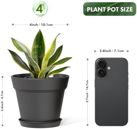 WSMKSZ 4 Inch Plastic Plant Pots with Drainage Holes and Trays – 8 Pack Small Nursery Pots for Indoor & Outdoor House Plants and Flowers, Seedling Starter Planters, Matte Black - Image 3