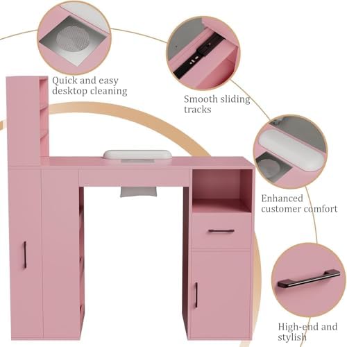 Professional Nail Desk for Nail Tech with Storage Cabinet and Fan – Modern Nail Table for Salon, Nail Tech Table with Drawer, Armrest & Dust Collector,Manicure Table Nail Desk (Pink) - Image 3