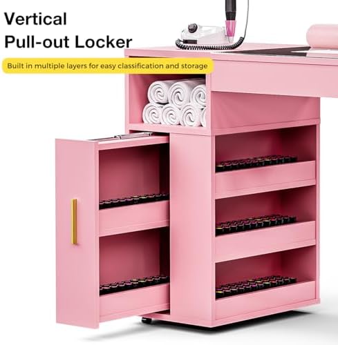 Manicure Table with Dust Collector, Glass Top and Wheels (Pink) - Image 6
