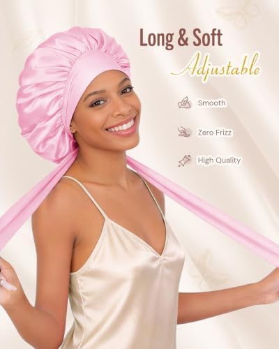 BONNET QUEEN Soft Premium Satin Lined Bonnet, Double Layer Anti-Frizzy Silk Like Bonnet for Sleeping for Curly Hair with Tie Band, Pink - Image 3