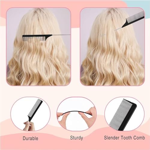 1 Piece Pin Rat Tail Comb Hair Comb Steel Pin Rat Tail Carbon Heat Resistant Teasing Combs with Stainless Steel Pintail for Hair Parting Rat Tail Combs Salon or Home Supply - Image 4
