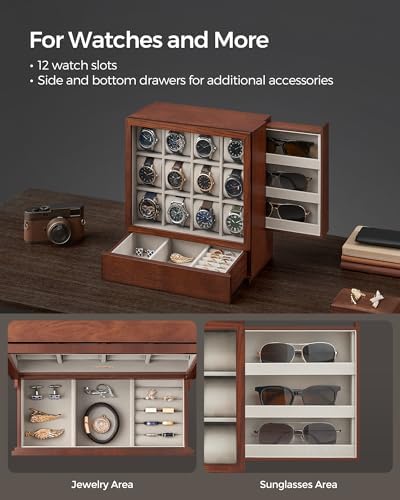 SONGMICS 12 Watch Display Case, Watch Box with Hidden Storage - Image 3