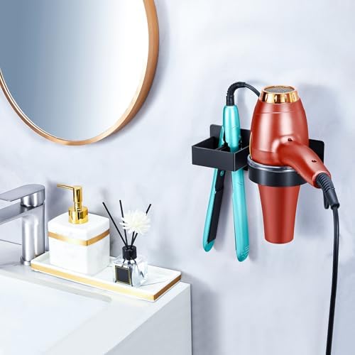 Hair Dryer Holder Wall Mounted, Hair Straightener Holder, Blow Dryer Holder Adhesive, Hair Tool Organizer for Flat Iron, Hairdryer, Curling Iron Holder for Bathroom Vanity Barber Shop (Black) - Image 2