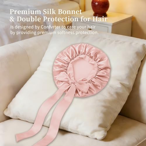 Silk Bonnet for Women, Satin Bonnet for Sleeping, Large Sleep Cap with Elastic Tie Band for Curly Hair, Blush Pink - Image 2