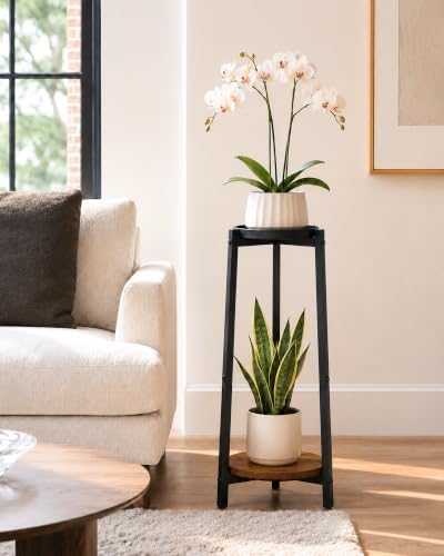 Bamworld Tall Plant Stand 30 Inch 2 Tier Metal Plant Stand with Wood Shelf - Image 2