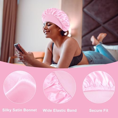 4Pcs Silk Satin Hair Bonnets for Sleeping - Elastic Wide Band Satin Hair Wrap for Sleeping Black Women Men,Silk Bonnets for Curly Hair(Black & Pink & Blue & Purple) - Image 4