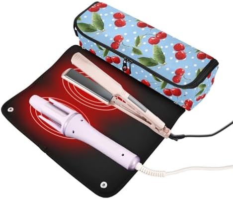 Hair Tools Travel Bag with Heat Resistant Mat 2-in-1 Hot Tools Travel Bag Organizer Flat Curling Iron Travel Case for Straightener Light Blue Dots Red Cherry - Image 2