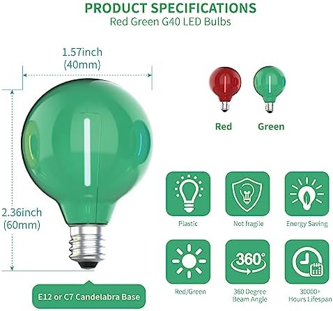Meconard 25 Pack G40 LED Outdoor String Light Replacement Bulbs, Red Green - Image 2