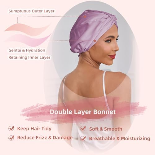 Adjustable Silk Satin Hair Bonnet for Sleeping Women, Double Layer, Silk Hair Wrap for Sleeping Women Men, Curly Natural Braid Straight Unisex - Lavender - Image 3