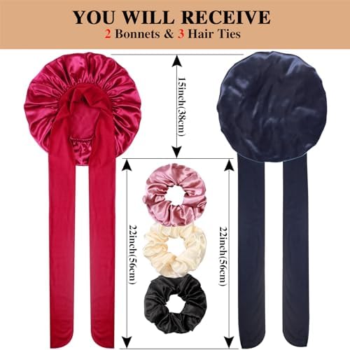 2+3 Large Satin Bonnets with Scrunchies for Women, Hair Bonnet Sleeping Tie Bonnet for Braids Curly Hair - Image 2