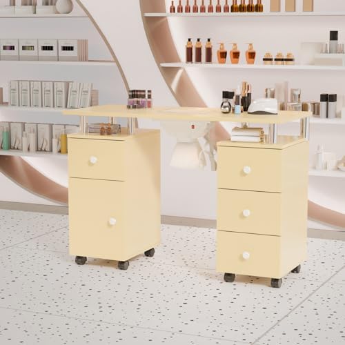 OmySalon Manicure Table Nail Desk for Nail Tech, Nail Table Station w/Electric Dust Collector, Makeup Beauty Salon Storage Acetone Resistant w/Wheels,Wrist Cushion (Almond Cream, Single 42.5''L) - Image 2