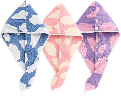 3 PCS Hair Towel Wrap Cute Pastel Floral Print Microfiber Fleece Hair Drying Towel Cap Soft Quick Dry for Women Bath Spa (Cloud) by Unknown