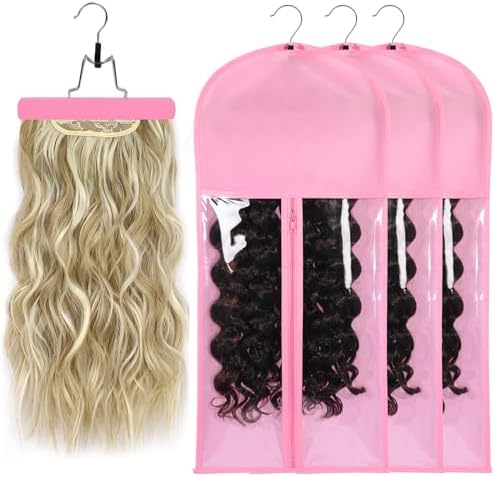 Wig Storage Bags with Hanger - Hair Extension Holder for Styling - Transparent Organizer Set (3PCS/PINK) by AIHOPESTO